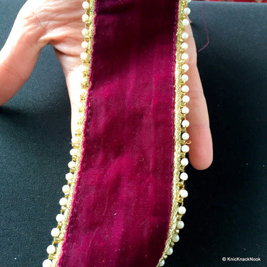Burgundy Velvet Trim With Pearls And Gold Border Piping